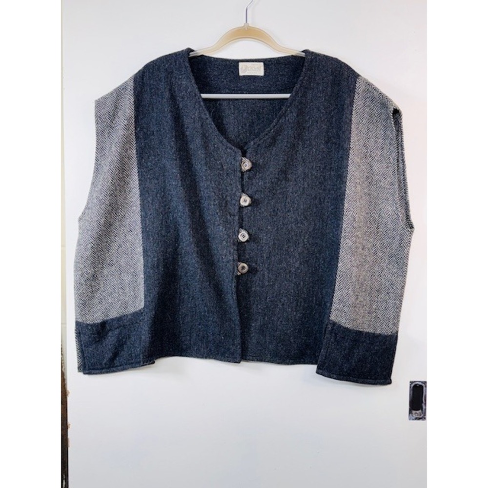 Cotswold Woollen Weavers Wool Vest/Poncho Charcoal Colorblock Made in UK Boho